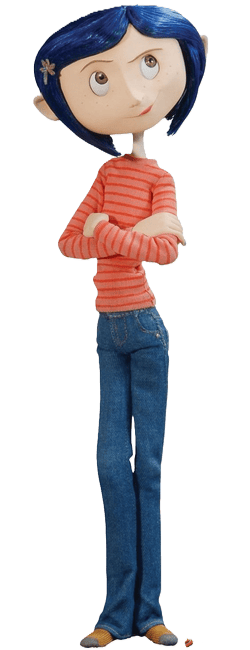 image of Coraline standing, arms crossed. wearing an orange sweater and bluejeans